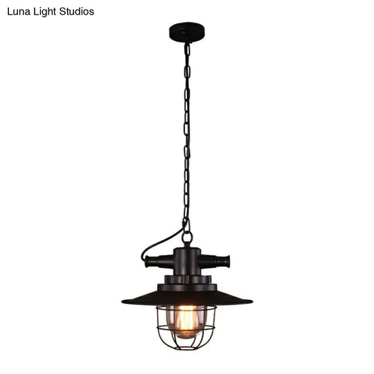 Iron Pendant Light - Antique 1-Light Restaurant Hanging Fixture In Black With Pot Lid Design