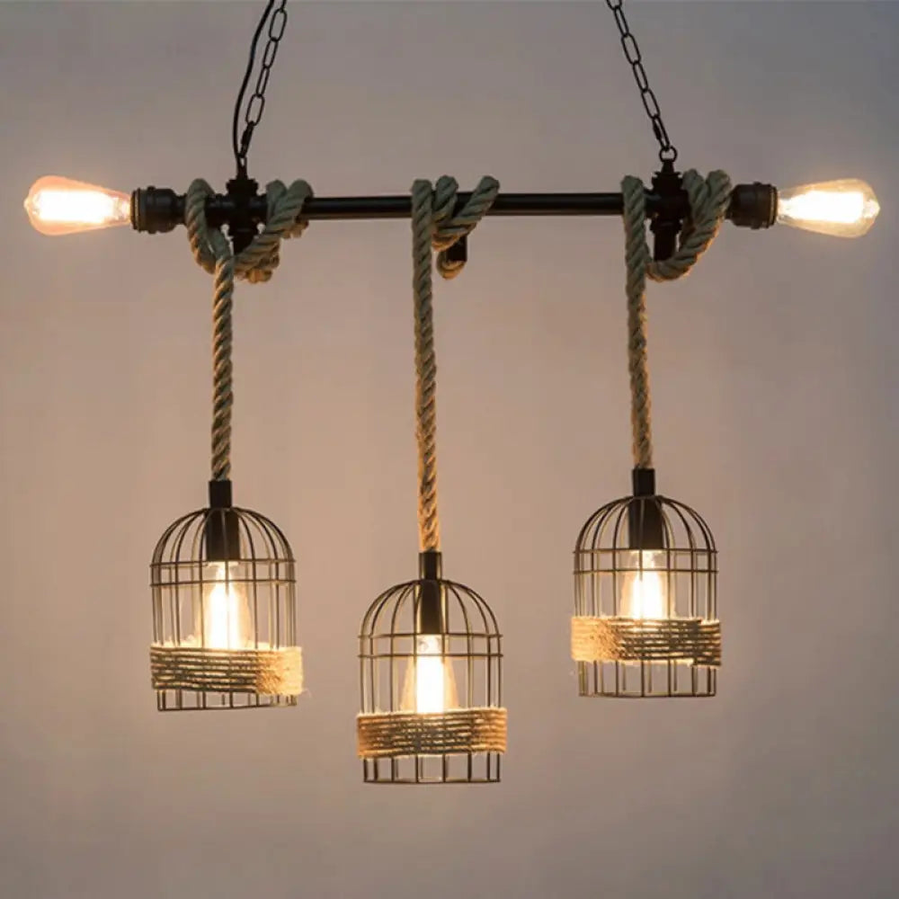 Antique Black Iron Pendant Light With Dangling Rope - Ideal For Restaurants And Hanging In