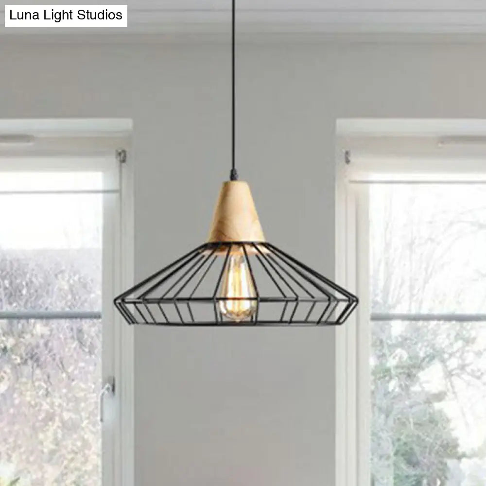 Antique Black Iron Pendant Light With Wooden Top - Rustic Hanging Fixture 1-Light