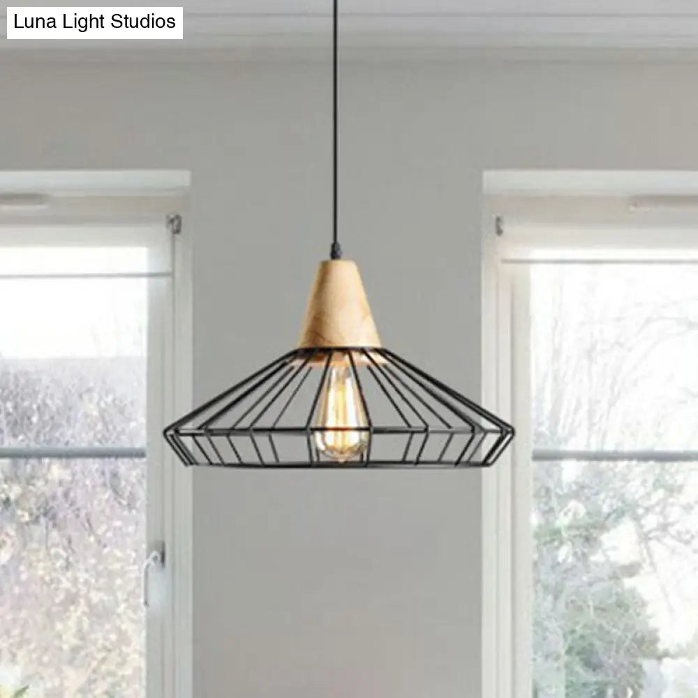Antique Iron Hanging Pendant Light With Cage Shade & Wooden Top In Black