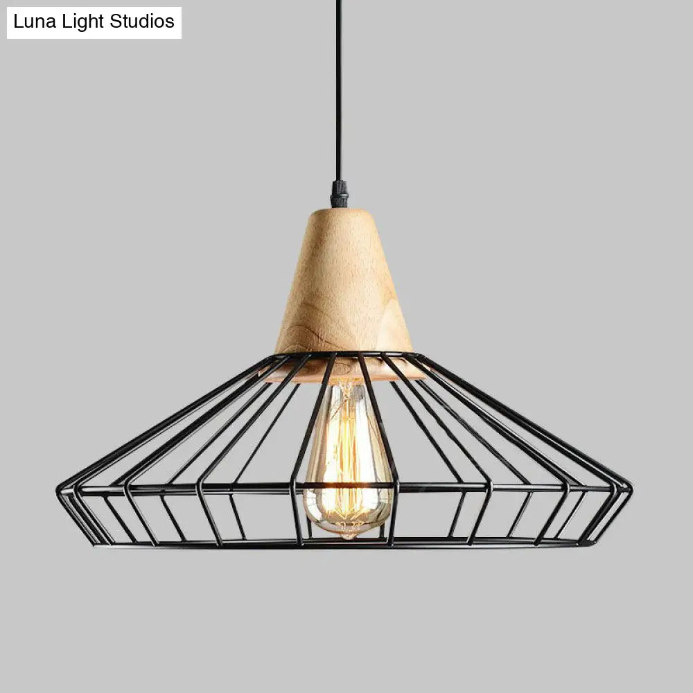 Antique Black Iron Pendant Light With Wooden Top - Rustic Hanging Fixture 1-Light