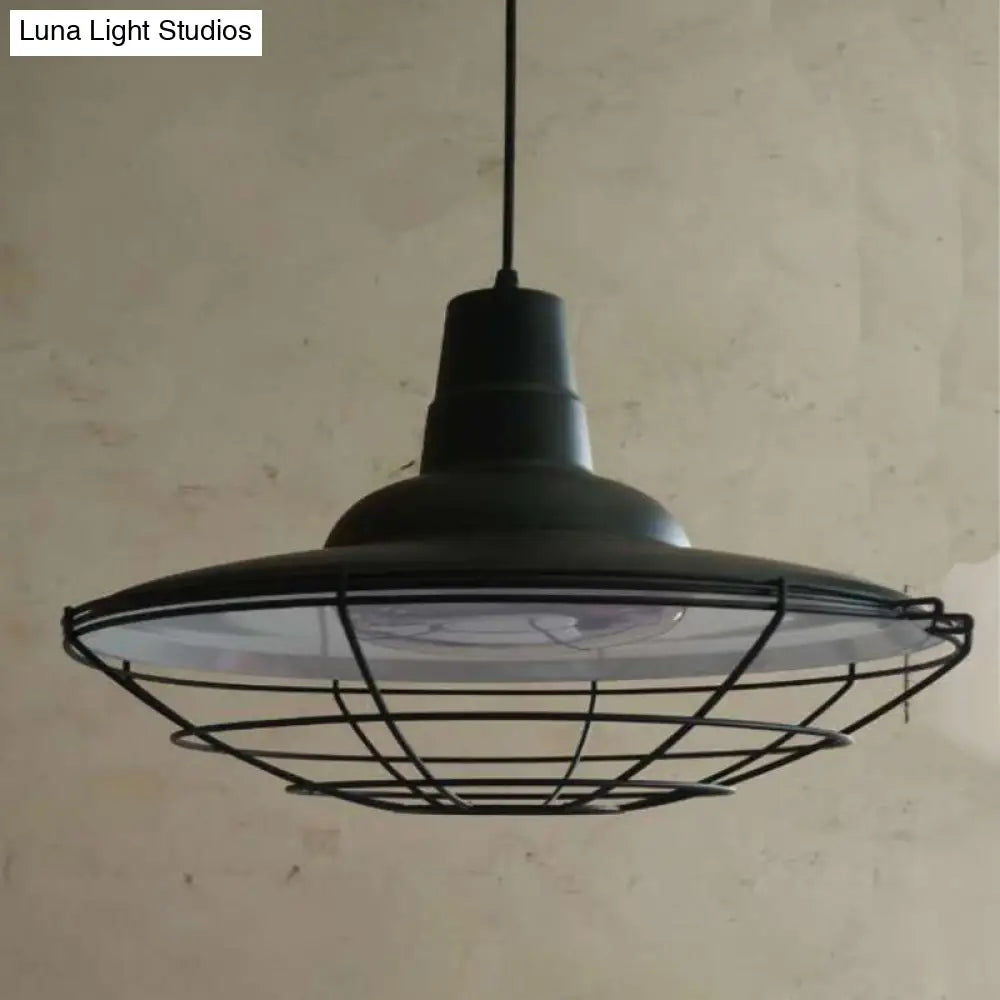 Antique Black Iron Pot Lid Pendant Light With Cage Bottom - Ideal For Restaurants