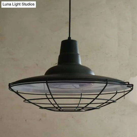 Antique Black Pot Lid Iron Pendant Light With Cage Bottom - Perfect For Restaurants Or Hanging