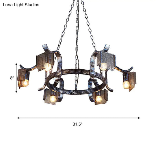 Iron Ring Hanging Light With Mesh Screen 6 Heads Rustic Pendant In Antique Black For Bar