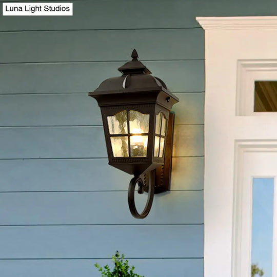 Antique Black Lantern Wall Lamp With Seedy Glass - 1 Light Up/Down Curved Arm 10/12.5 W