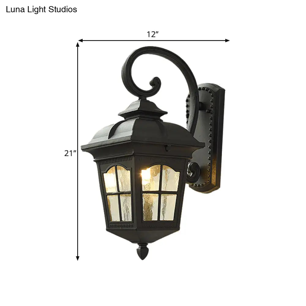 Antique Black Lantern Wall Lamp With Seedy Glass - 1 Light Up/Down Curved Arm 10/12.5 W