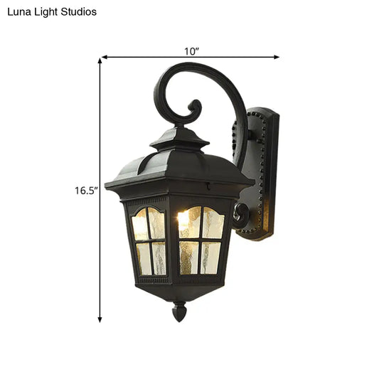 Antique Black Lantern Wall Lamp With Seedy Glass - 1 Light Up/Down Curved Arm 10/12.5 W