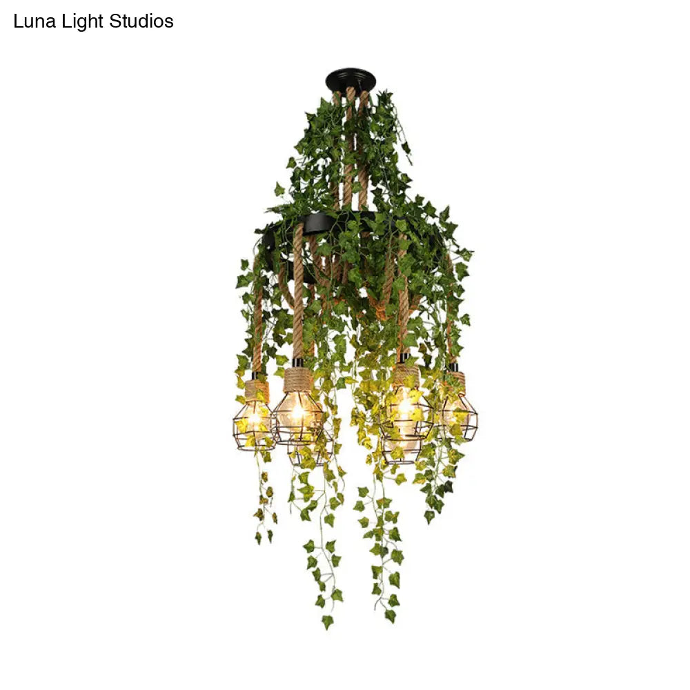 Black Antique Metal Chandelier Lamp With Led Down Lighting And Plant Decor