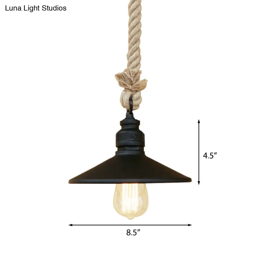 Antique Black Pendant Lamp: Stylish Farmhouse Hanging Light With Metallic Cone Shade And Rope