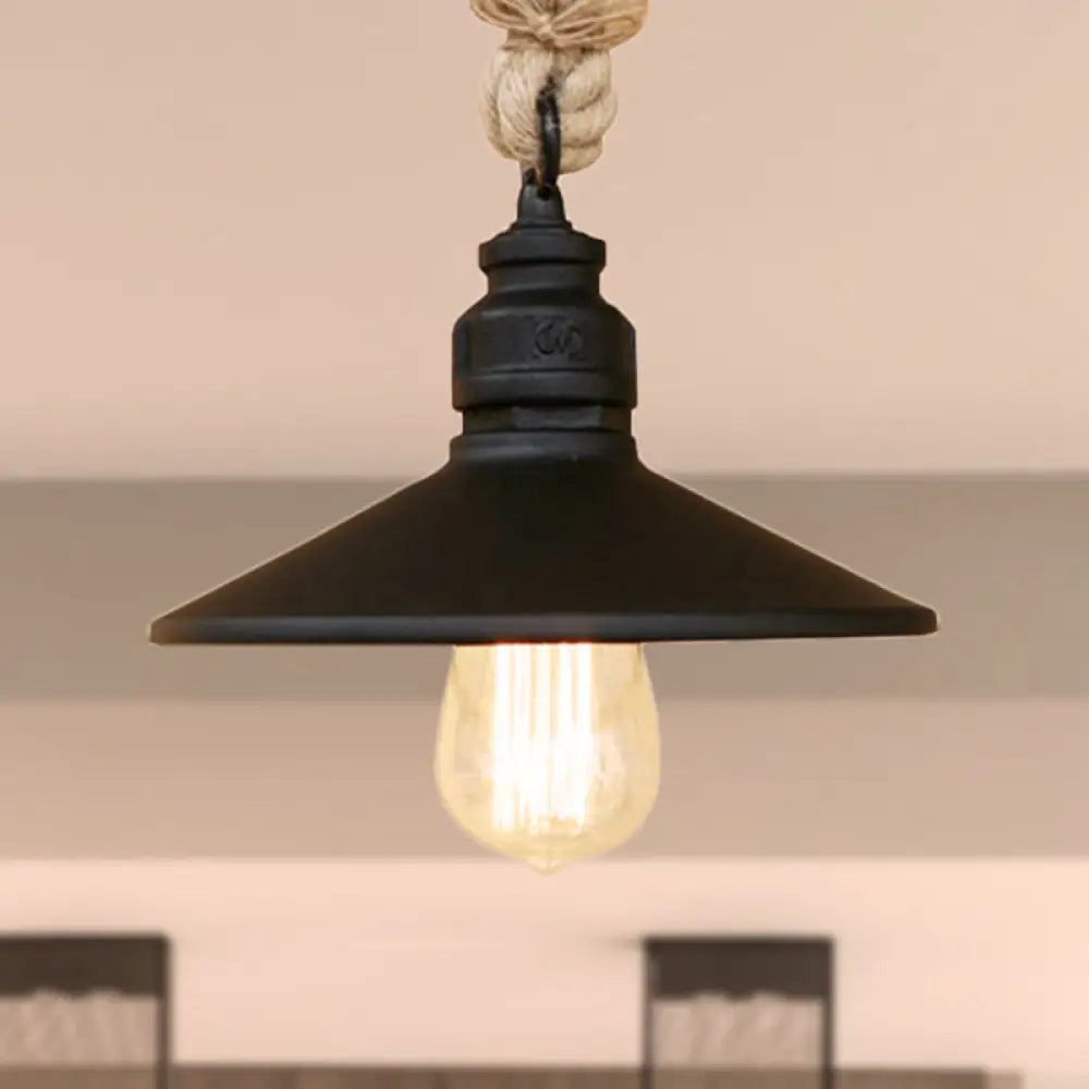 Antique Black Pendant Lamp: Stylish Farmhouse Hanging Light With Metallic Cone Shade And Rope