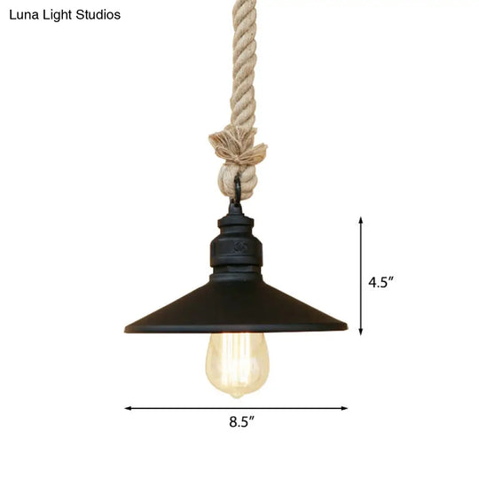 Stylish Black 1-Bulb Pendant Lamp With Antique Metallic Cone Shade & Rope - Perfect For Farmhouse