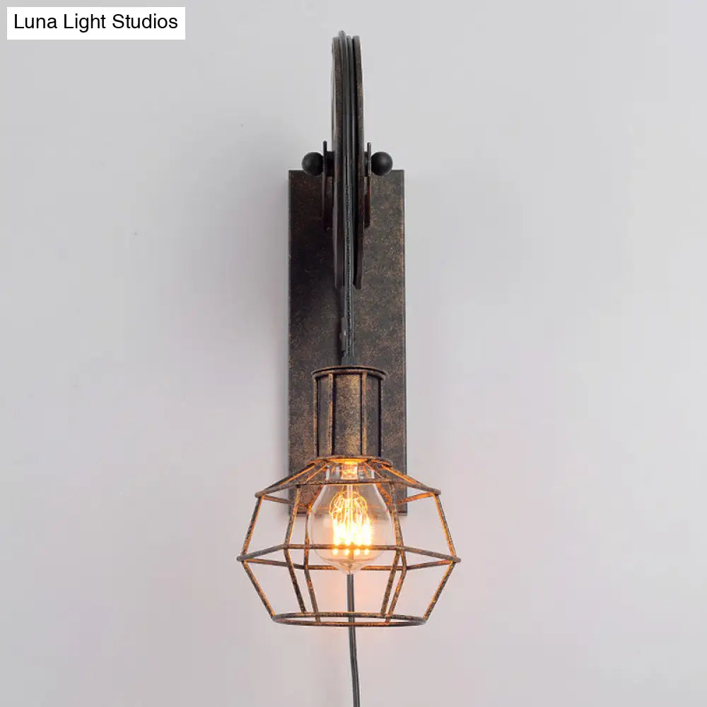 Antique Black Single Pulley Wall Light - Industrial Iron Wire Cage For Restaurant Lighting