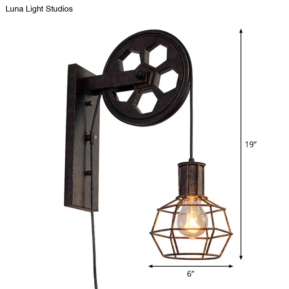 Antique Black Single Pulley Wall Light - Industrial Iron Wire Cage For Restaurant Lighting