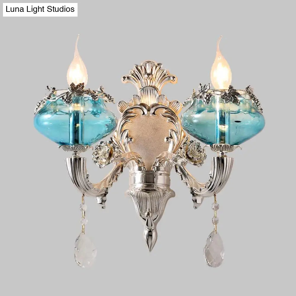 Antique Blue Glass Candle Sconce Light With Crystal Accent - Chrome Wall Fixture (1/2 Heads) For