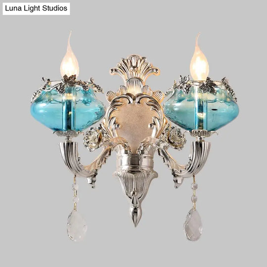 Antique Blue Glass Candle Sconce Light With Crystal Accent - Chrome Wall Fixture (1/2 Heads) For