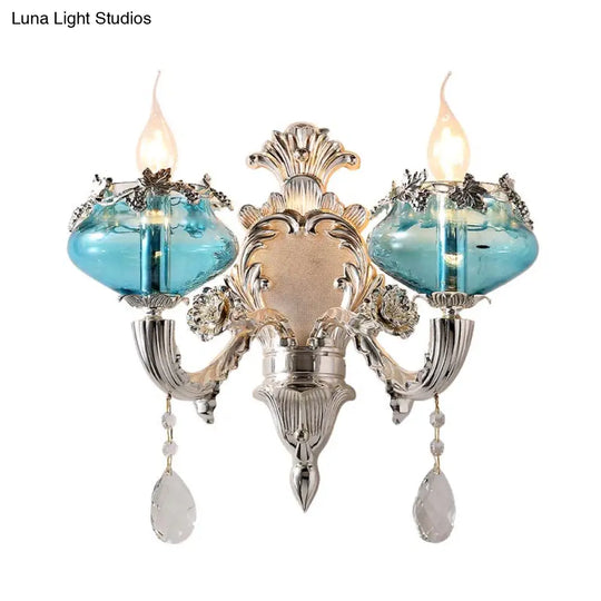 Antique Blue Glass Candle Sconce Light With Crystal Accent - Chrome Wall Fixture (1/2 Heads) For