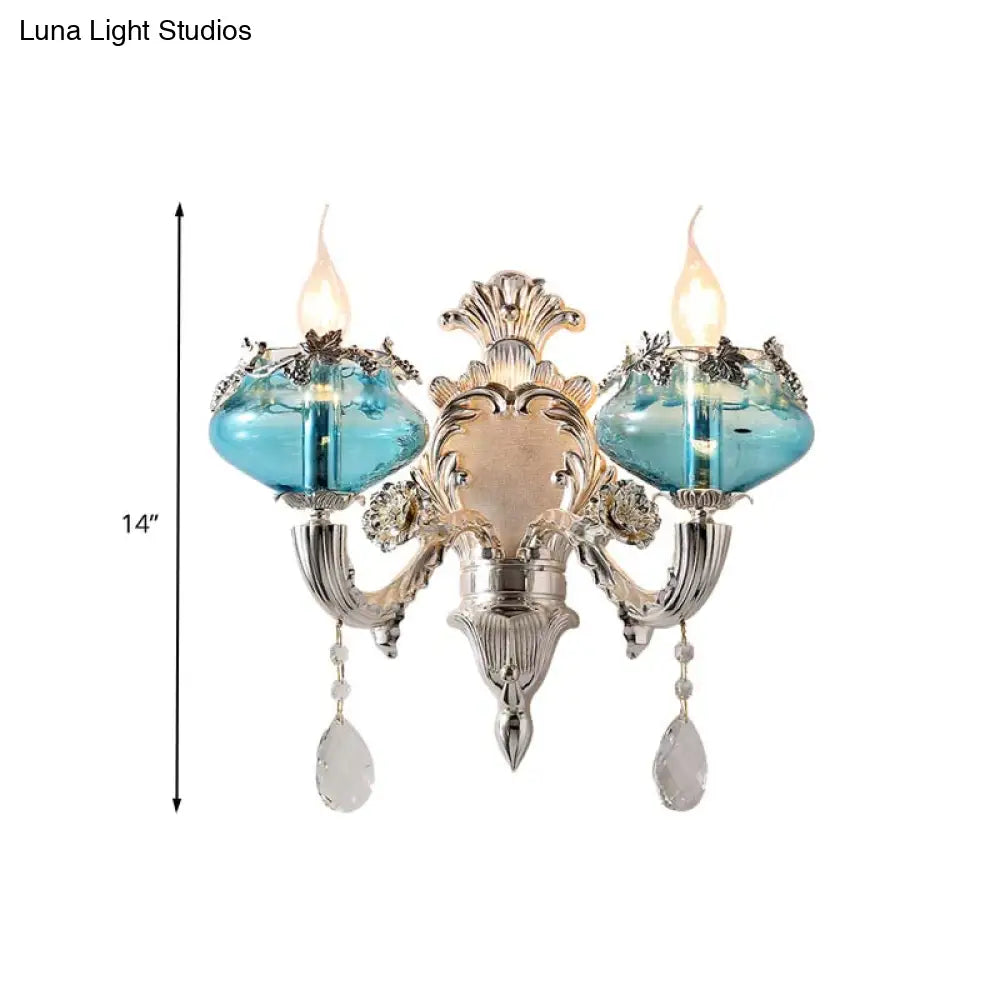 Antique Blue Glass Candle Sconce Light With Crystal Accent - Chrome Wall Fixture (1/2 Heads) For