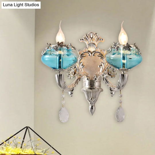 Antique Blue Glass Candle Sconce Light With Crystal Accent - Chrome Wall Fixture (1/2 Heads) For