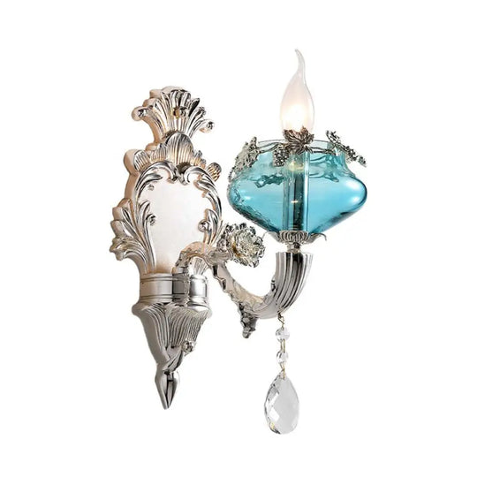 Antique Blue Glass Candle Sconce Light With Crystal Accent - Chrome Wall Fixture (1/2 Heads) For