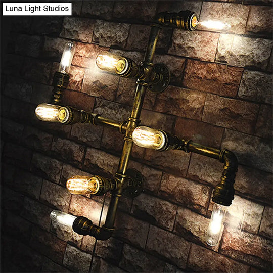 Antique Brass 8-Light Industrial Twisted Pipe Wall Lamp With Open Bulb - Metallic Sconce Lighting