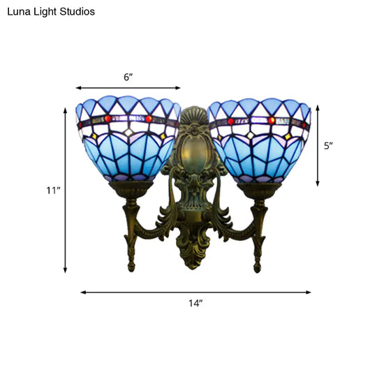 Antique Brass Baroque Stained Glass Sconce - 2 Head Wall Light Fixture For Living Room