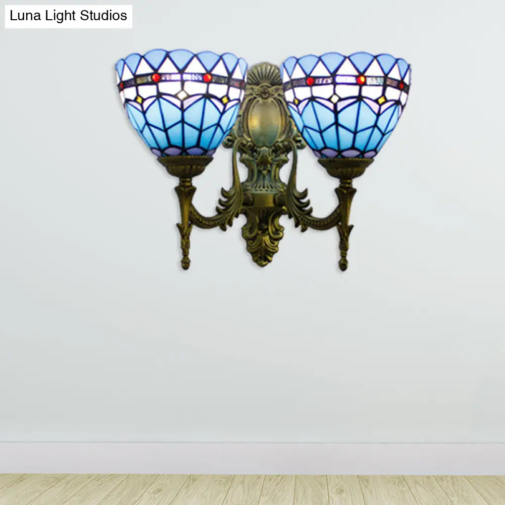 Antique Brass Baroque Stained Glass Sconce - 2 Head Wall Light Fixture For Living Room