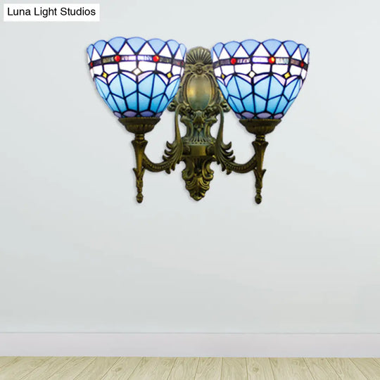 Antique Brass Baroque Stained Glass Sconce - 2 Head Wall Light Fixture For Living Room