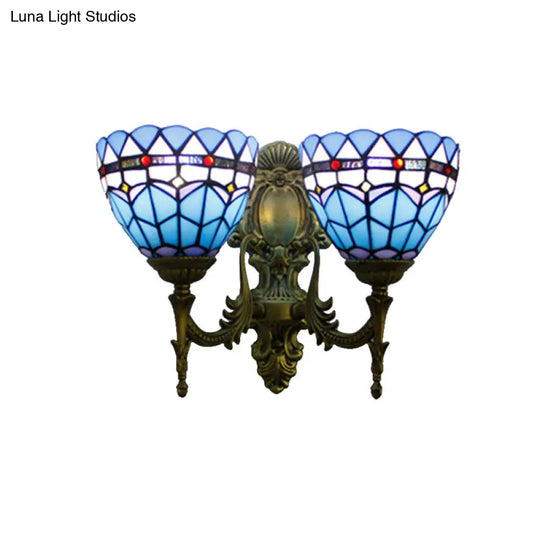 Antique Brass Baroque Stained Glass Sconce - 2 Head Wall Light Fixture For Living Room