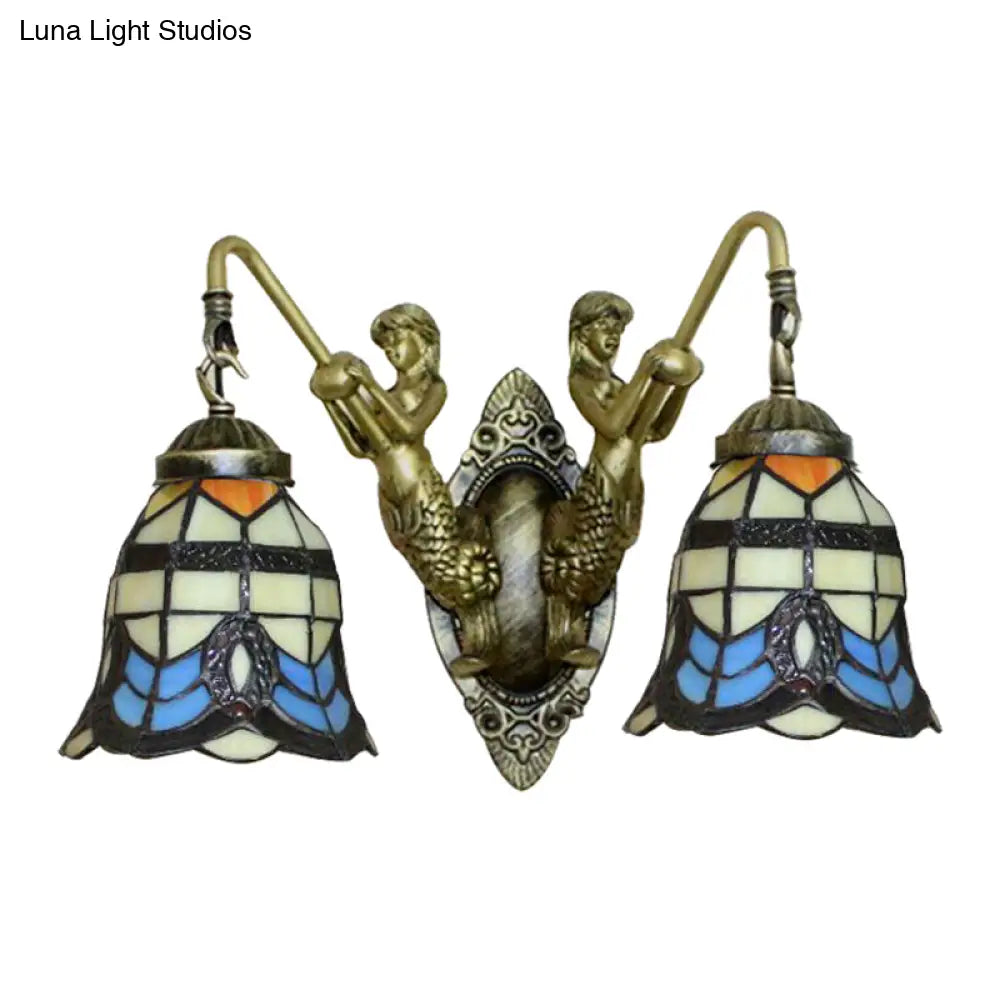 Antique Brass Baroque Wall Mount Light With Bell Shade And Mermaid Stained Glass Lamp - Elegant