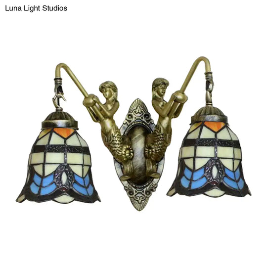 Antique Brass Baroque Wall Mount Light With Bell Shade And Mermaid Stained Glass Lamp - Elegant