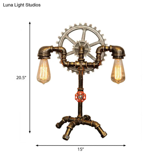 Antique Brass Bedroom Standing Light: 2-Light Table Lighting With Water Pipe And Gear Wrought Iron