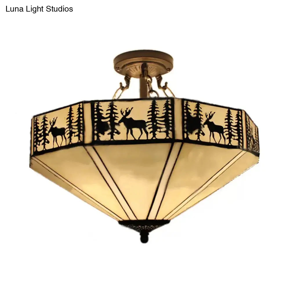 Antique Brass Ceiling Light: 2 - Light Mission Semi Flush With Dear And Tree Pattern