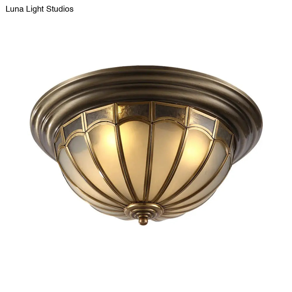 Antique Brass Ceiling Light: Frosted Glass Bowl 4 Bulb Flush Mount Lamp For Colonial Bedroom