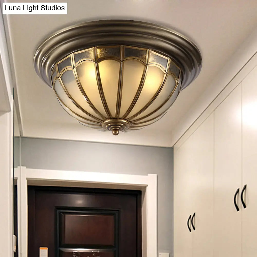 Antique Brass Ceiling Light: Frosted Glass Bowl 4 Bulb Flush Mount Lamp For Colonial Bedroom