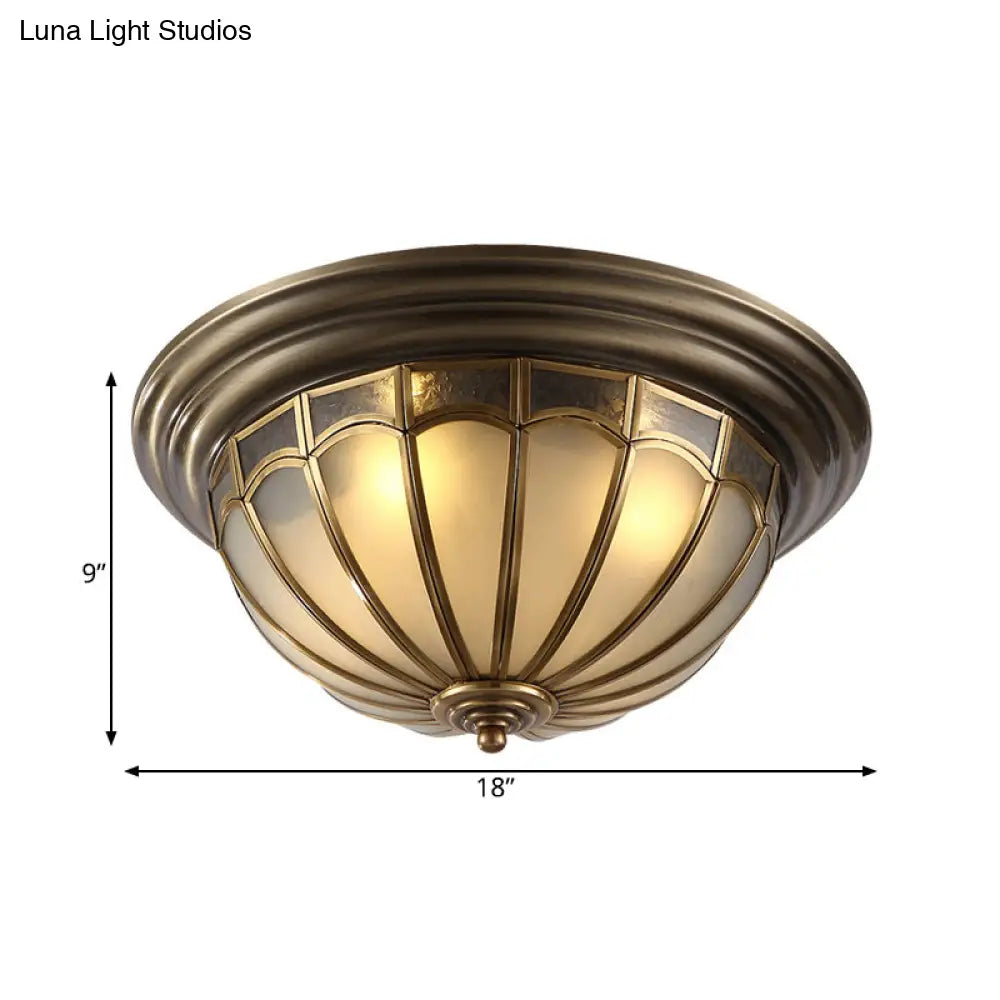 Antique Brass Ceiling Light: Frosted Glass Bowl 4 Bulb Flush Mount Lamp For Colonial Bedroom