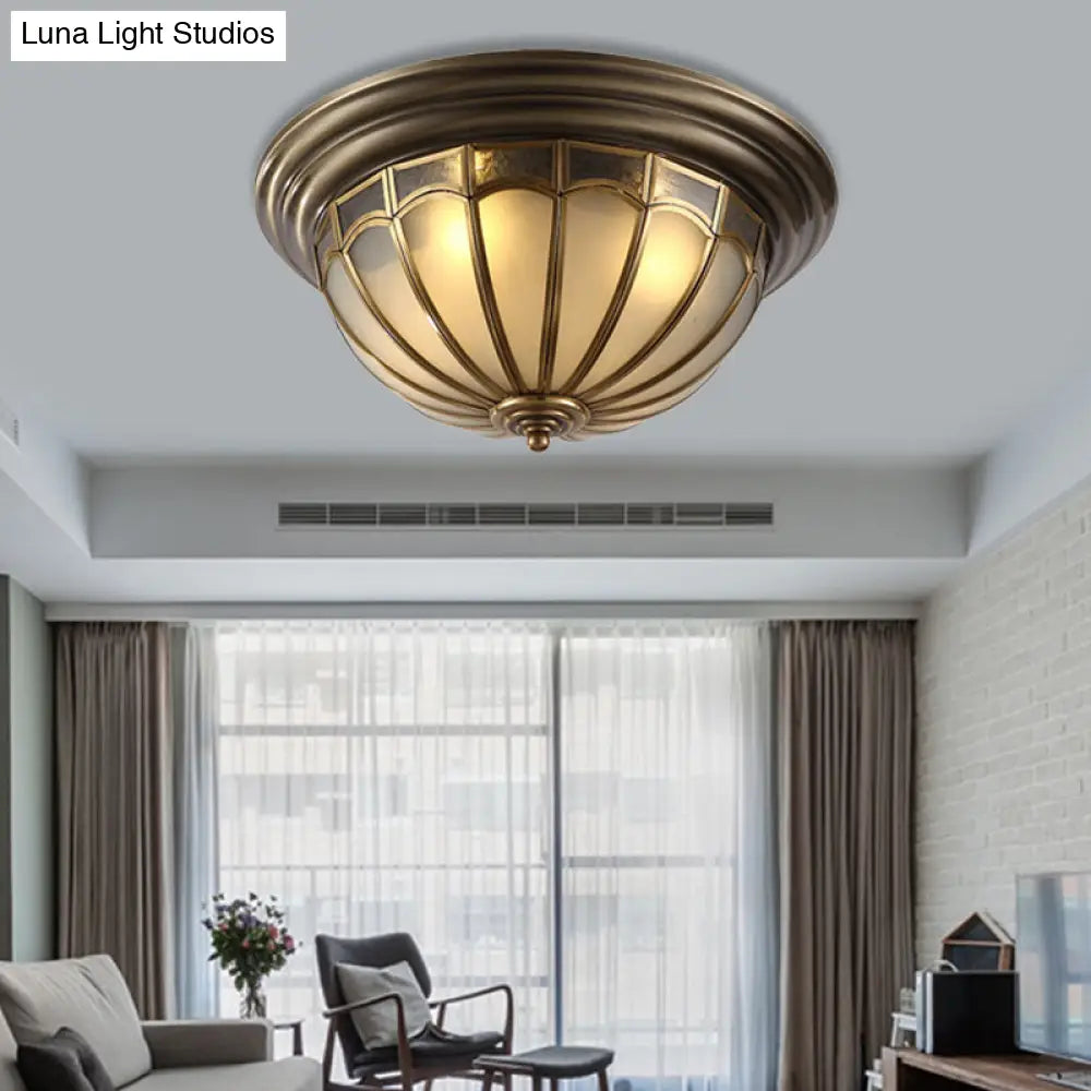 Antique Brass Ceiling Light: Frosted Glass Bowl 4 Bulb Flush Mount Lamp For Colonial Bedroom