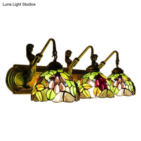 Antique Brass Dome Wall Lamp With 3 Stained Glass Sconce Lights & Leaf/Flower Pattern