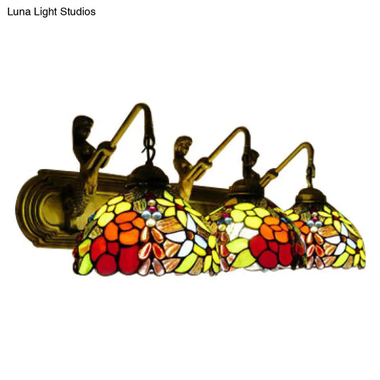 Antique Brass Dome Wall Lamp With 3 Stained Glass Sconce Lights & Leaf/Flower Pattern