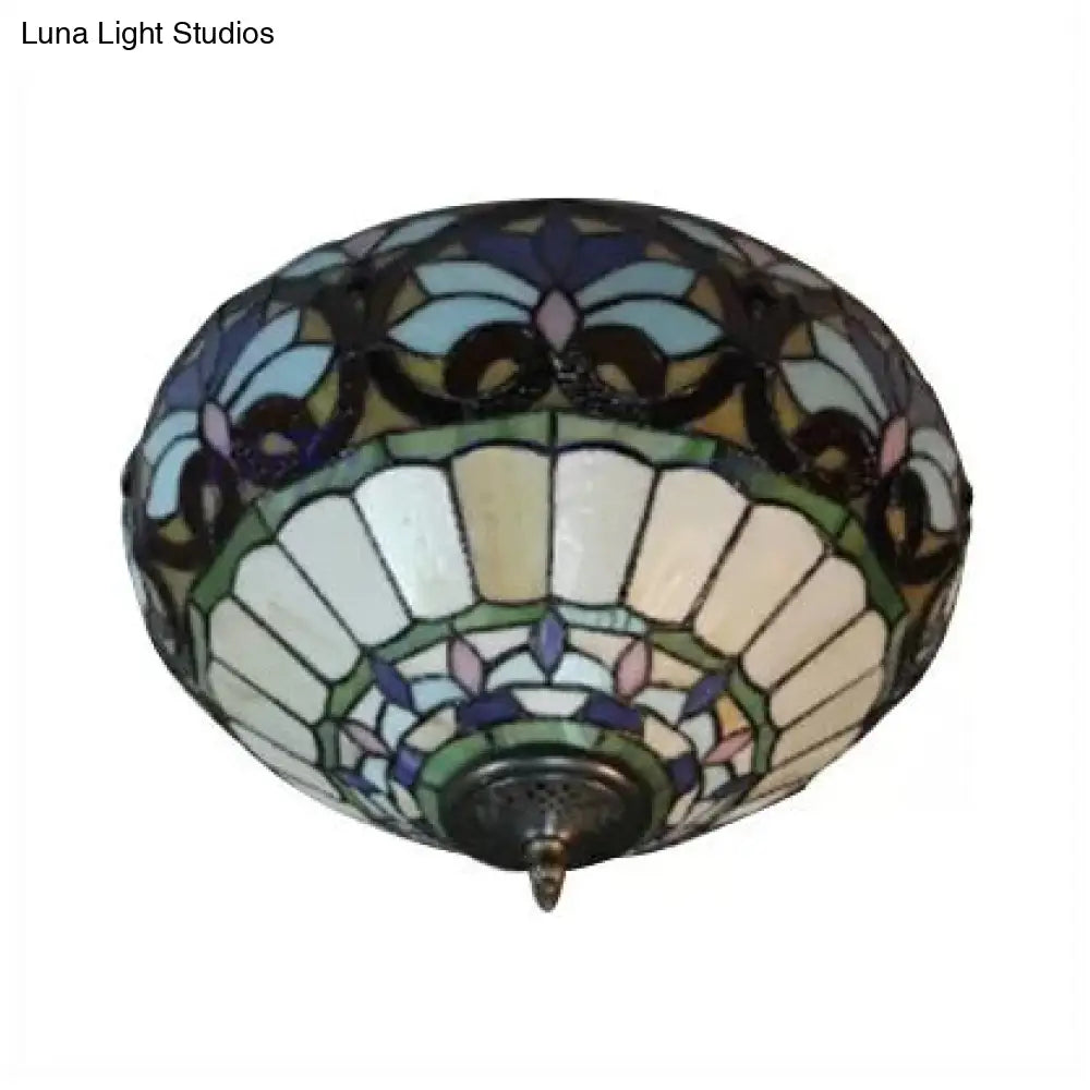 Antique Brass Floral Stained Glass Ceiling Light - Victorian Style Flush Mount Fixture For Living