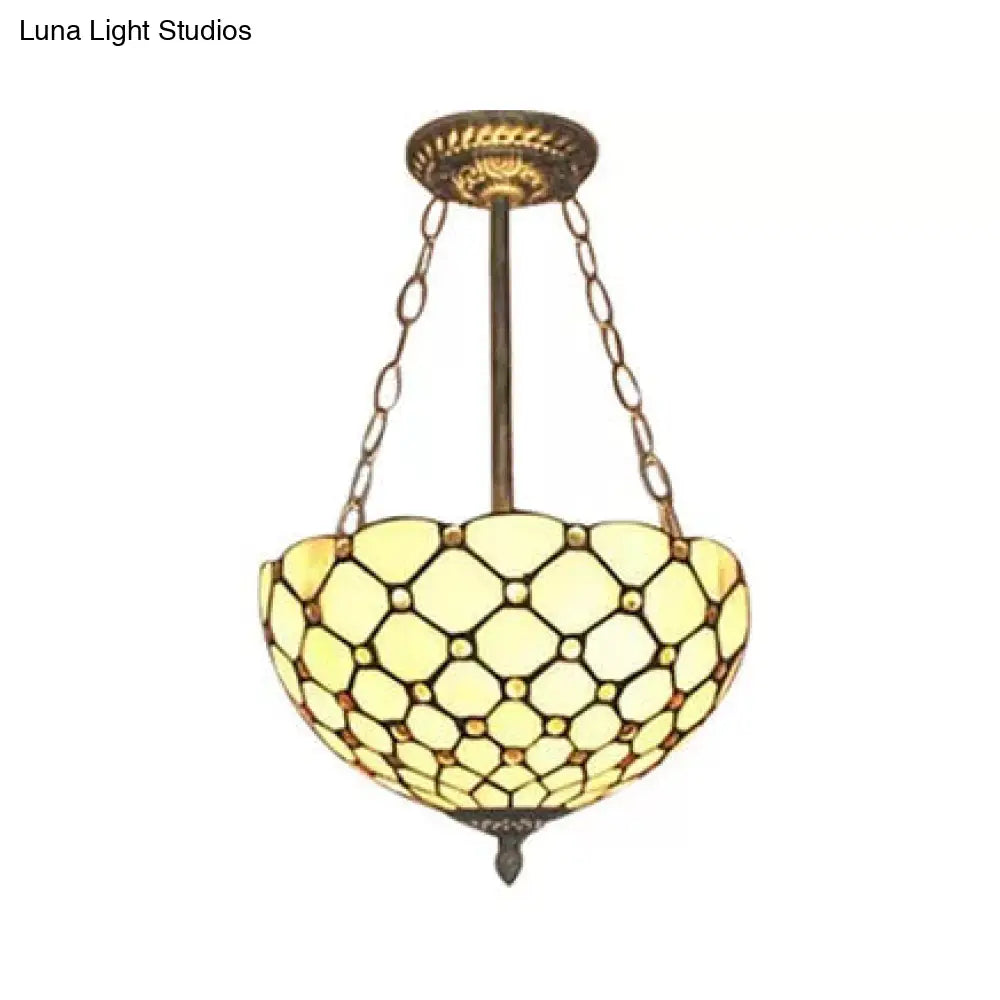 Antique Brass Led Ceiling Light With Tiffany-Style Art Glass Shade - Bedroom Semi Flush Mount Beige