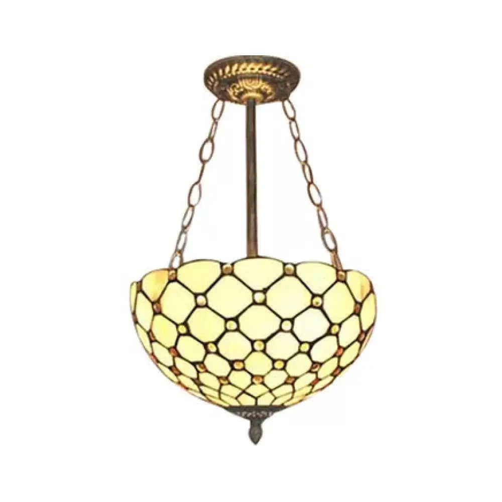 Antique Brass Led Ceiling Light With Tiffany-Style Art Glass Shade - Bedroom Semi Flush Mount Beige