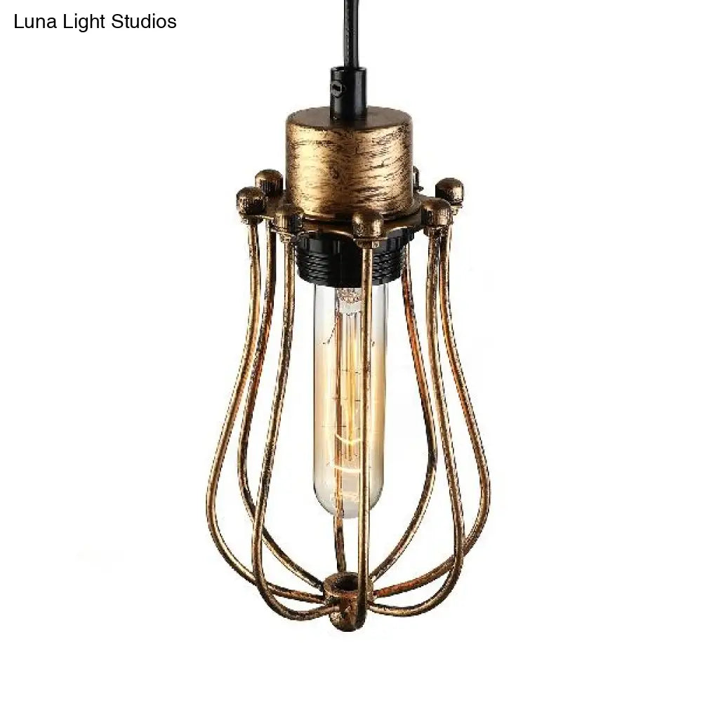 Antique Brass Pendant Light Cage - Farmhouse Hanging Lamp Fixture