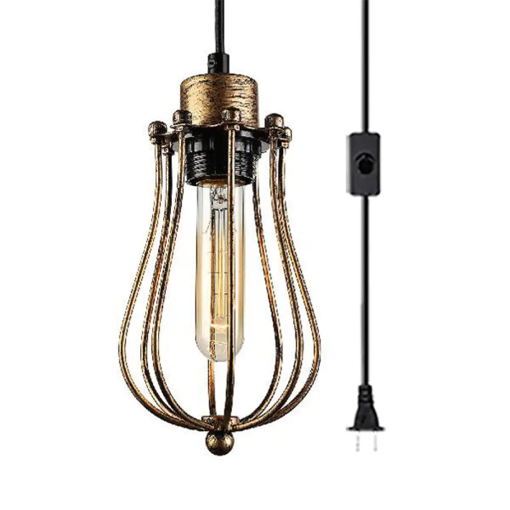 Antique Brass Metal Pendant Light Cage - Stylish Farmhouse Hanging Lamp Fixture With 1