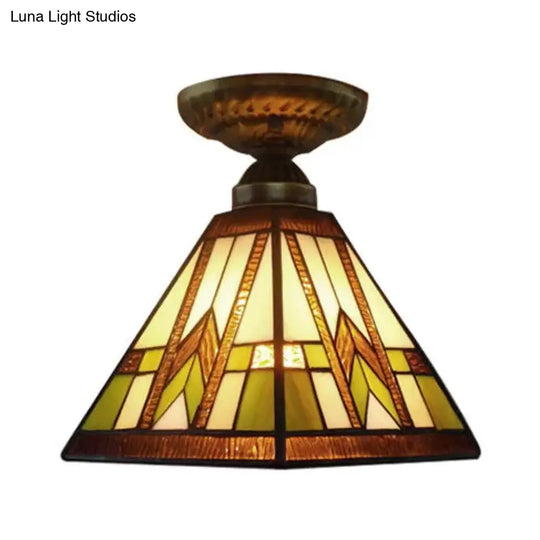 Antique Brass Mission Ceiling Light With Art Glass Shade - Pyramid Semi Flush Mount For Hallway