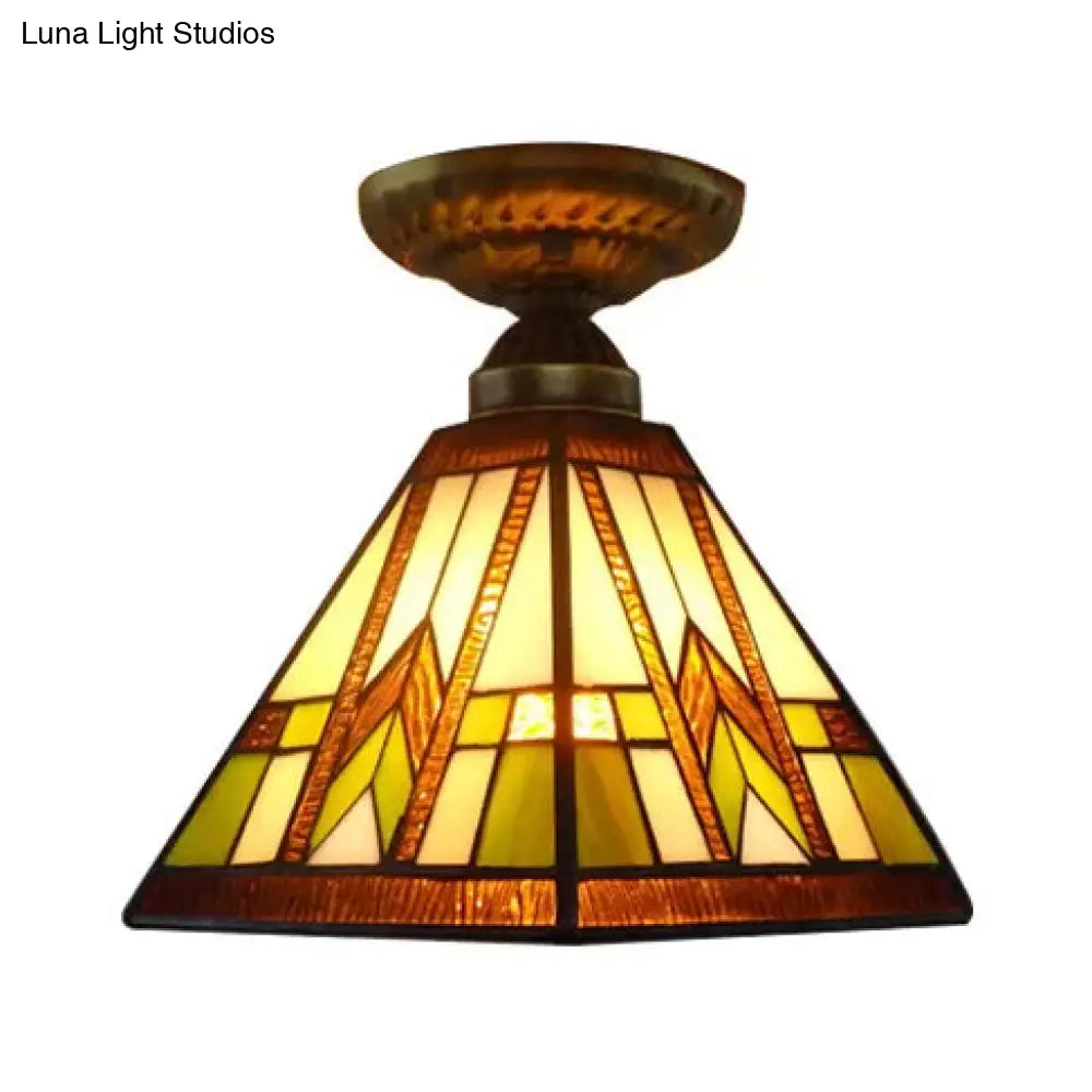 Antique Brass Mission Pyramid Ceiling Light With Art Glass Shade For Hallway