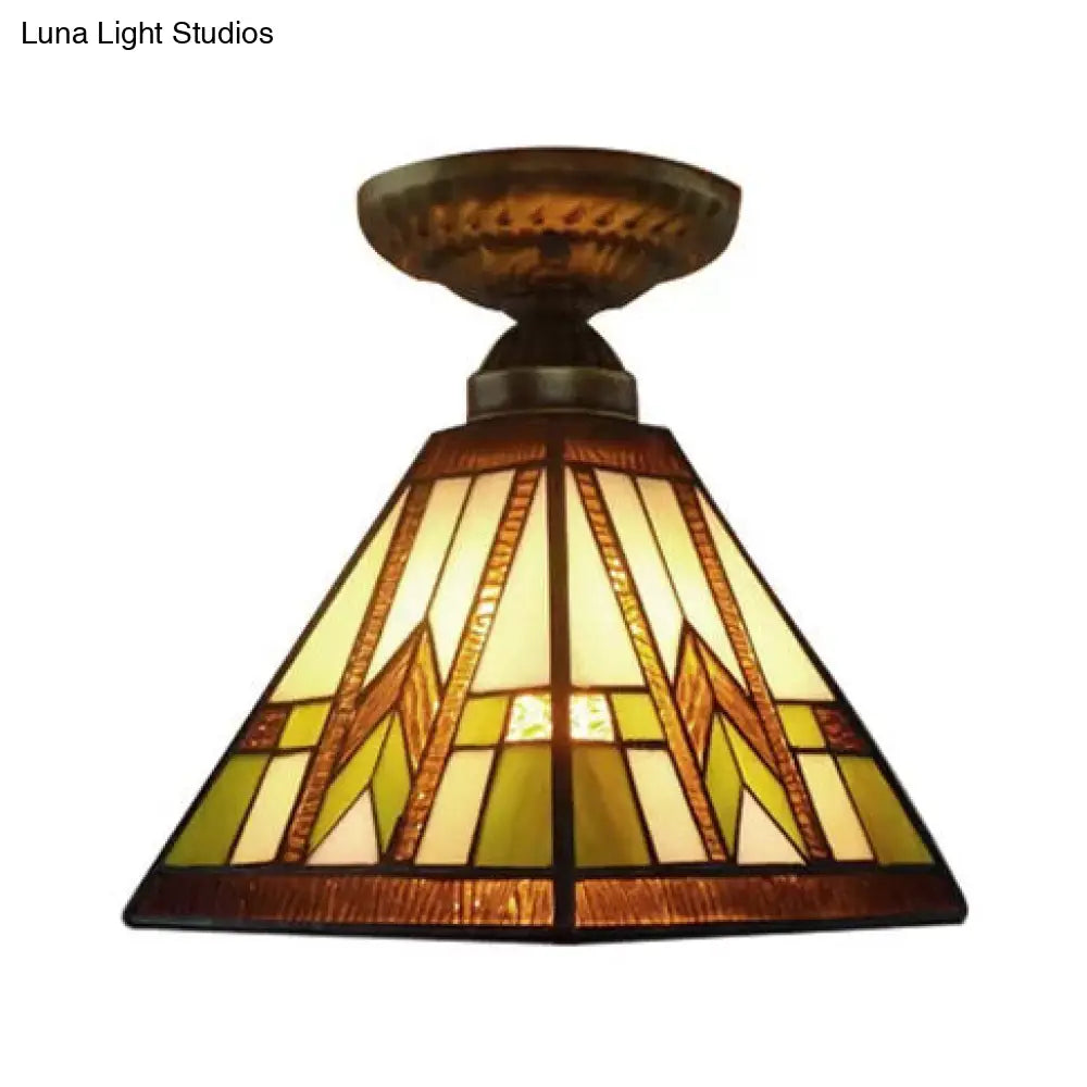 Antique Brass Mission Pyramid Ceiling Light With Art Glass Shade For Hallway