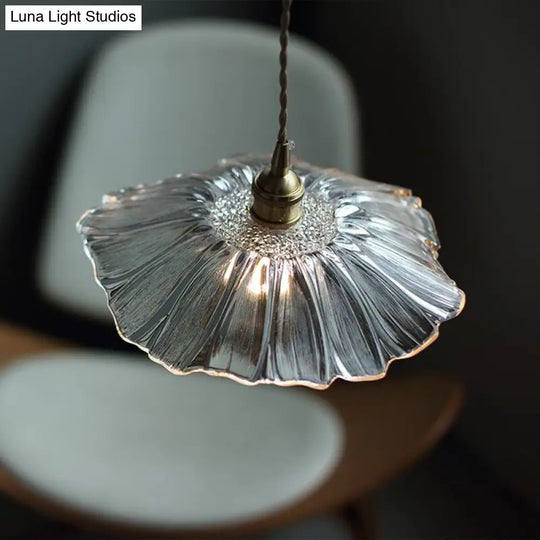Antique Floral Pendant Light With Ruffle Glass Shade In Brass