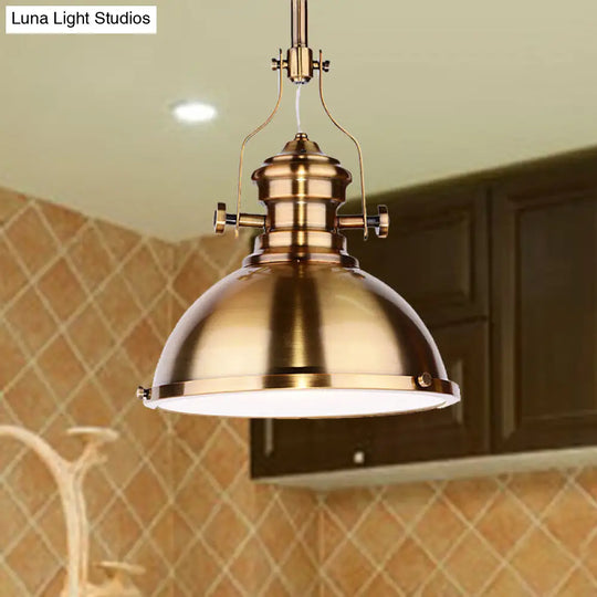 Antique-Style Metal Dome Pendant Light With Frosted Diffuser In Brass