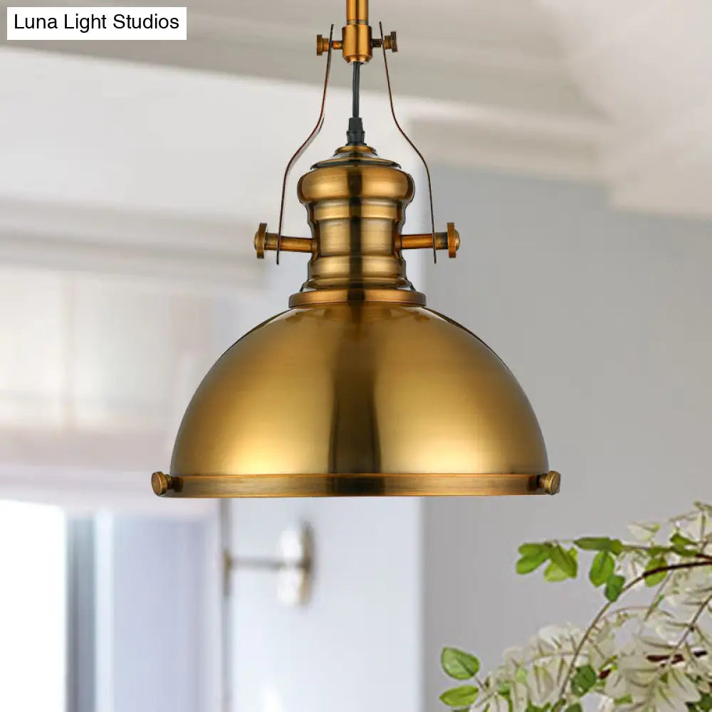 Antique-Style Metal Dome Pendant Light With Frosted Diffuser In Brass