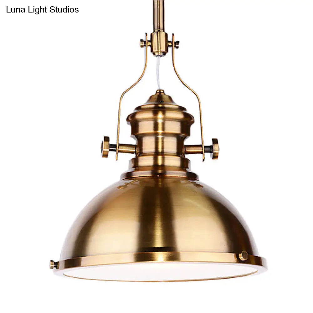 Antique-Style Metal Dome Pendant Light With Frosted Diffuser In Brass